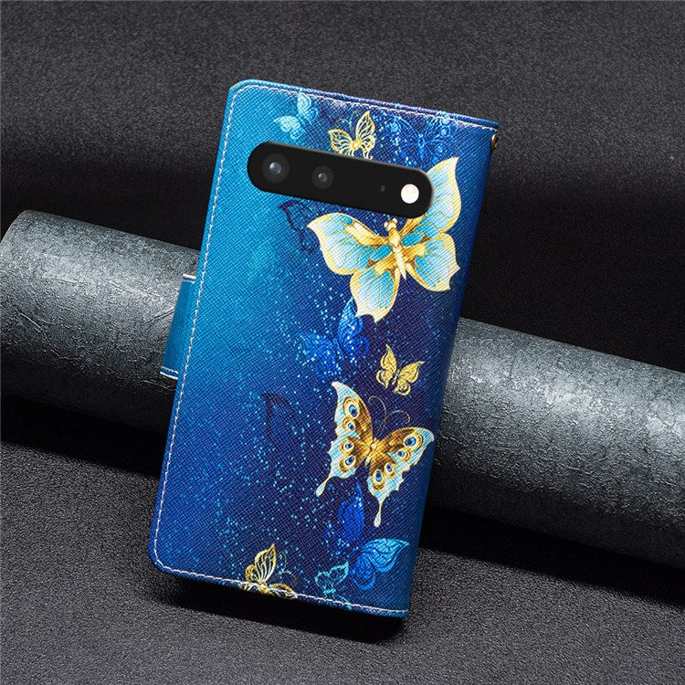 For Google Pixel 7 BF Pattern Printing Leather Series-4 03-Style Zippered Leather Phone Shell Wallet + Adjustable Stand Folio Flip Phone Case - Golden Butterflies