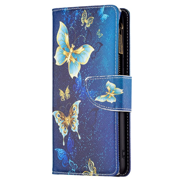 For Google Pixel 7 BF Pattern Printing Leather Series-4 03-Style Zippered Leather Phone Shell Wallet + Adjustable Stand Folio Flip Phone Case - Golden Butterflies