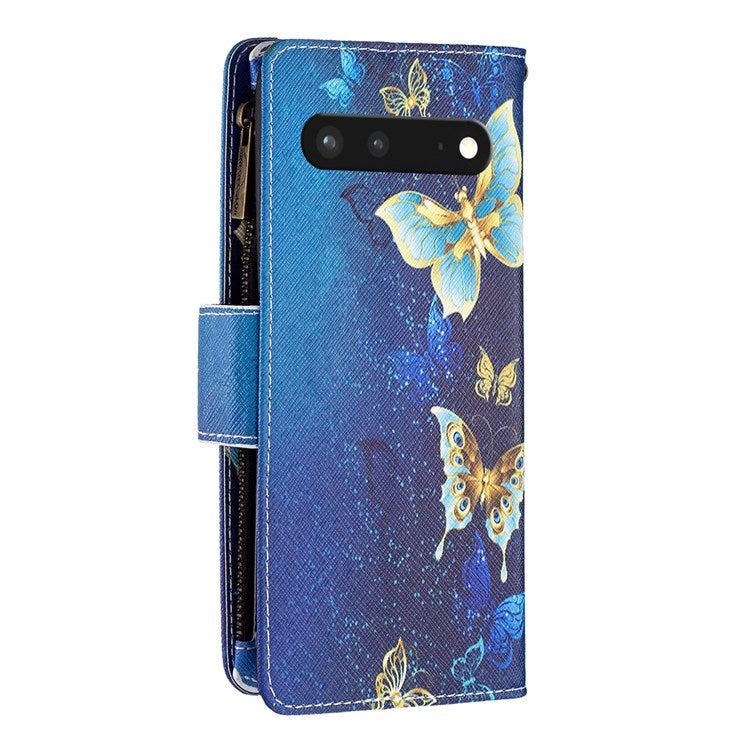 For Google Pixel 7 BF Pattern Printing Leather Series-4 03-Style Zippered Leather Phone Shell Wallet + Adjustable Stand Folio Flip Phone Case - Golden Butterflies