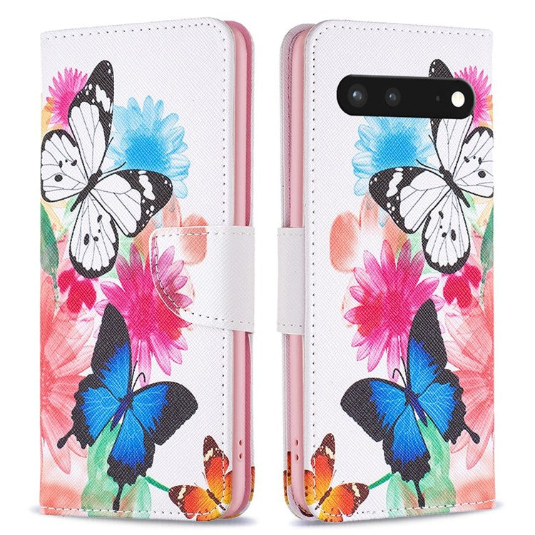 BF Pattern Printing Leather Series-1 for Google Pixel 7 PU Leather Wallet Phone Case Magnetic Clasp Imprinted Pattern Stand Protective Cover - Two Butterflies