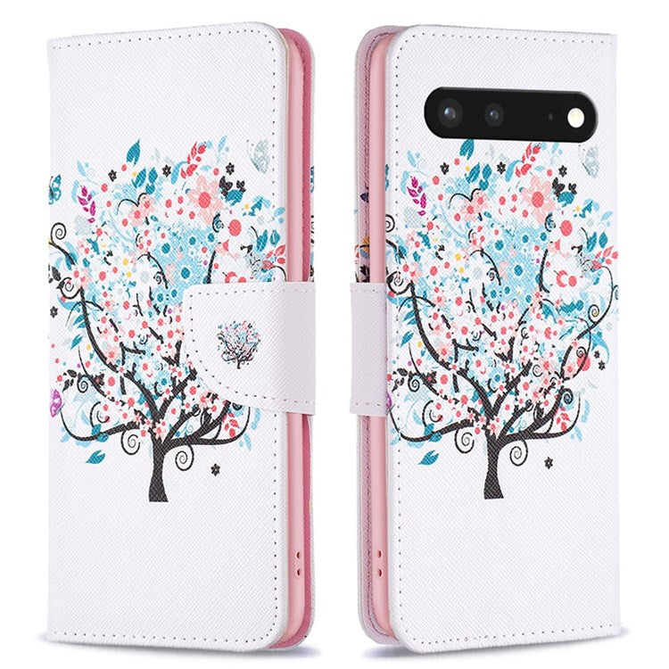 BF Pattern Printing Leather Series-1 for Google Pixel 7 PU Leather Wallet Phone Case Magnetic Clasp Imprinted Pattern Stand Protective Cover - Flower Tree