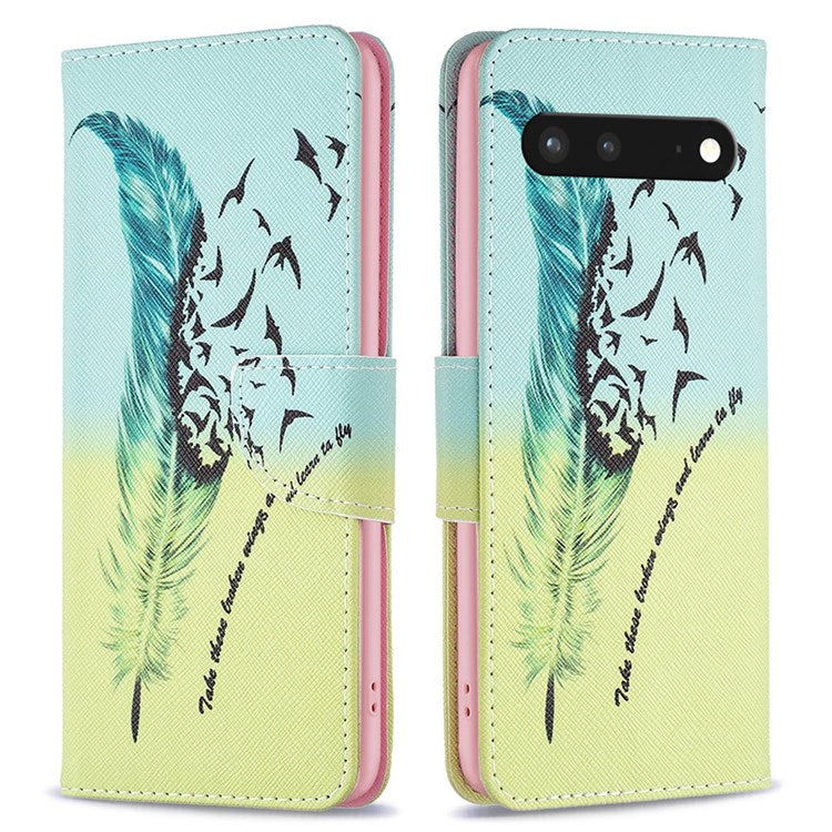 BF Pattern Printing Leather Series-1 for Google Pixel 7 PU Leather Wallet Phone Case Magnetic Clasp Imprinted Pattern Stand Protective Cover - Feather and Birds