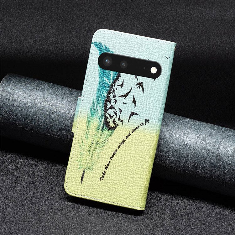 BF Pattern Printing Leather Series-1 for Google Pixel 7 PU Leather Wallet Phone Case Magnetic Clasp Imprinted Pattern Stand Protective Cover - Feather and Birds