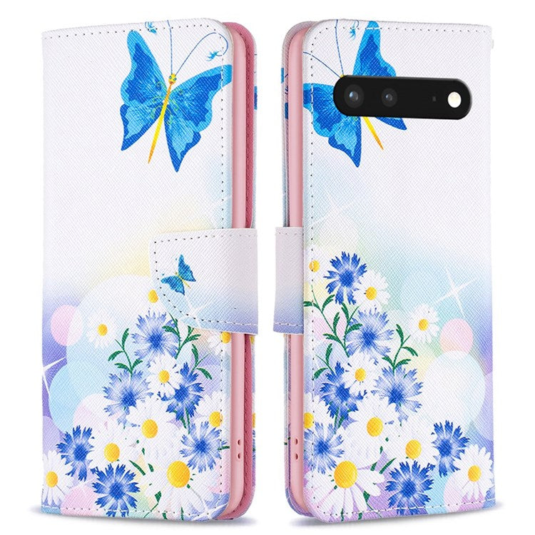 BF Pattern Printing Leather Series-1 for Google Pixel 7 PU Leather Wallet Phone Case Magnetic Clasp Imprinted Pattern Stand Protective Cover - Butterfly and Flowers