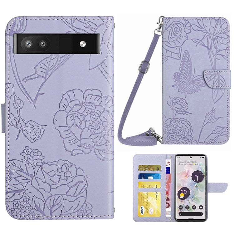 For Google Pixel 6a TPU+PU Leather Phone Case, Skin-touch Feeling Stand Butterfly Flowers Imprinting Pattern Wallet Cover with Shoulder Strap - Light Purple