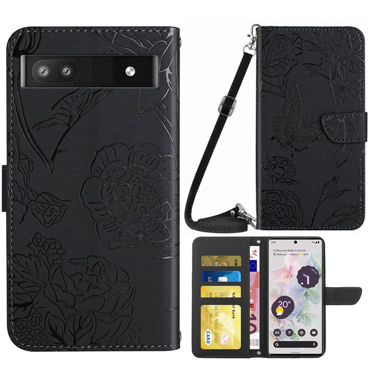 For Google Pixel 6a TPU+PU Leather Phone Case, Skin-touch Feeling Stand Butterfly Flowers Imprinting Pattern Wallet Cover with Shoulder Strap - Black