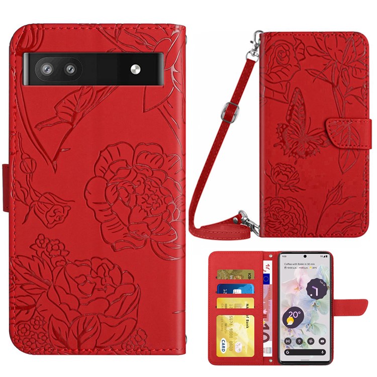 For Google Pixel 6a TPU+PU Leather Phone Case, Skin-touch Feeling Stand Butterfly Flowers Imprinting Pattern Wallet Cover with Shoulder Strap - Red