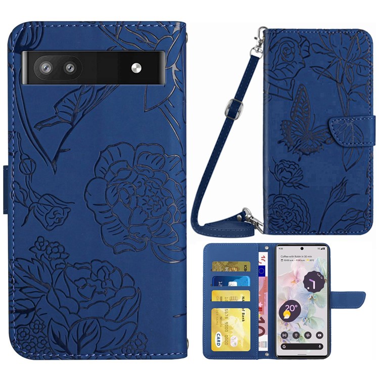 For Google Pixel 6a TPU+PU Leather Phone Case, Skin-touch Feeling Stand Butterfly Flowers Imprinting Pattern Wallet Cover with Shoulder Strap - Blue