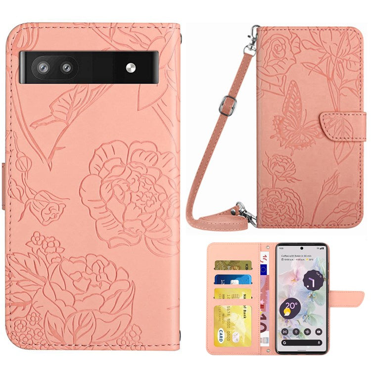 For Google Pixel 6a TPU+PU Leather Phone Case, Skin-touch Feeling Stand Butterfly Flowers Imprinting Pattern Wallet Cover with Shoulder Strap - Pink