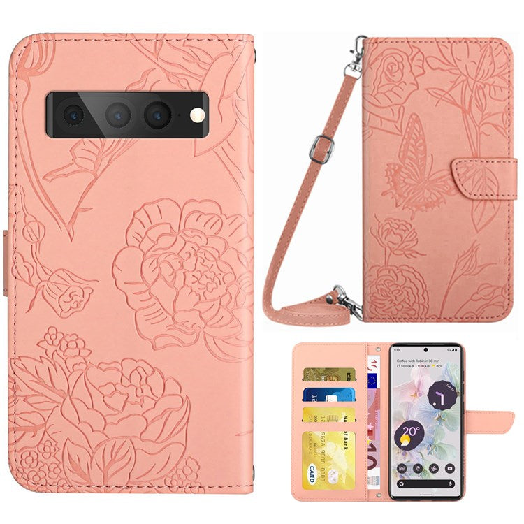 For Google Pixel 7 Pro 5G Case Leather and TPU Stand Butterfly Flowers Imprinting Pattern Wallet Cover with Shoulder Strap - Pink