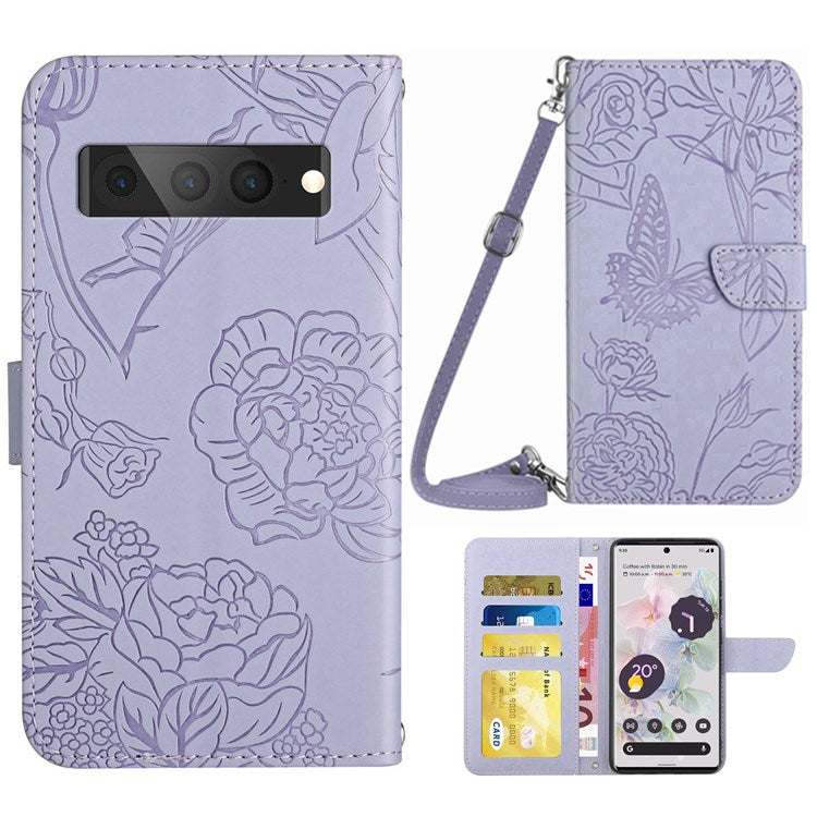 For Google Pixel 7 Pro 5G Case Leather and TPU Stand Butterfly Flowers Imprinting Pattern Wallet Cover with Shoulder Strap - Light Purple