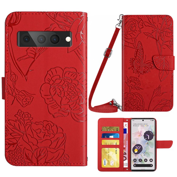 For Google Pixel 7 Pro 5G Case Leather and TPU Stand Butterfly Flowers Imprinting Pattern Wallet Cover with Shoulder Strap - Red