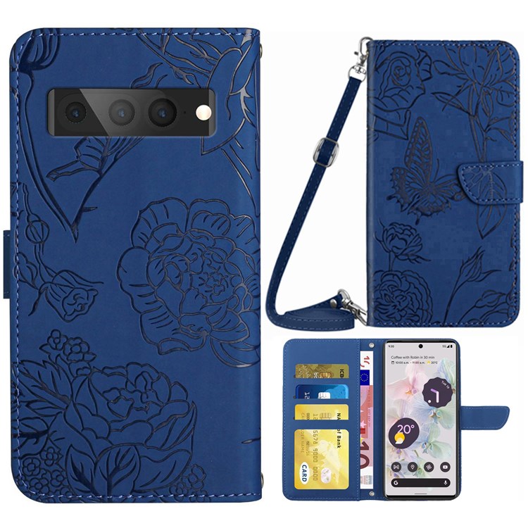 For Google Pixel 7 Pro 5G Case Leather and TPU Stand Butterfly Flowers Imprinting Pattern Wallet Cover with Shoulder Strap - Blue