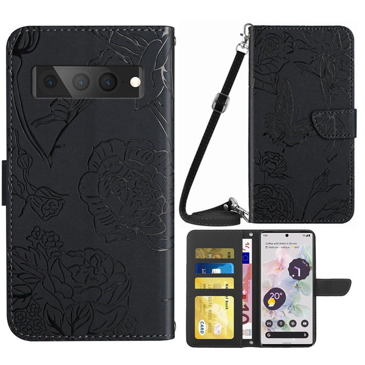 For Google Pixel 7 Pro 5G Case Leather and TPU Stand Butterfly Flowers Imprinting Pattern Wallet Cover with Shoulder Strap - Black