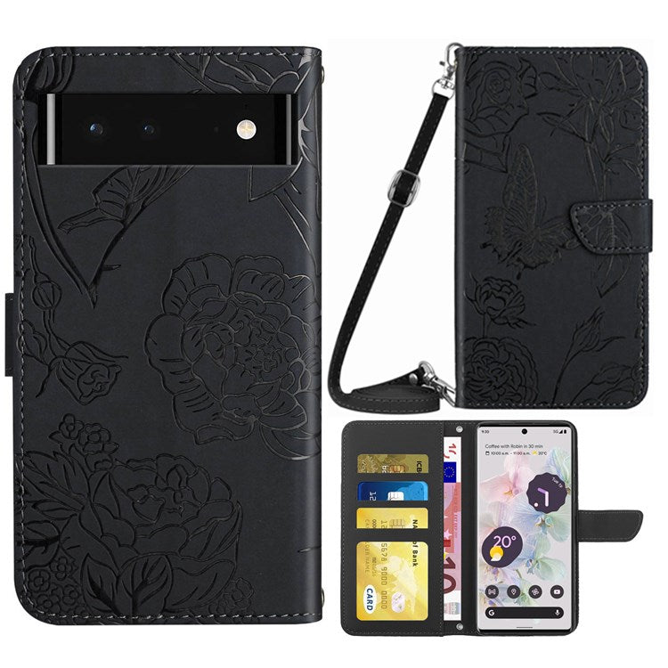 For Google Pixel 6 Skin-touch Feeling Leather Cell Phone Bag Case, Stand Butterfly Flowers Imprinting Pattern Wallet with Shoulder Strap - Black