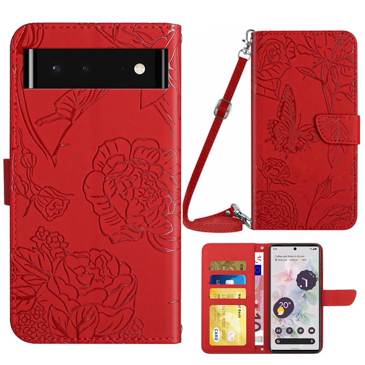 For Google Pixel 6 Skin-touch Feeling Leather Cell Phone Bag Case, Stand Butterfly Flowers Imprinting Pattern Wallet with Shoulder Strap - Red