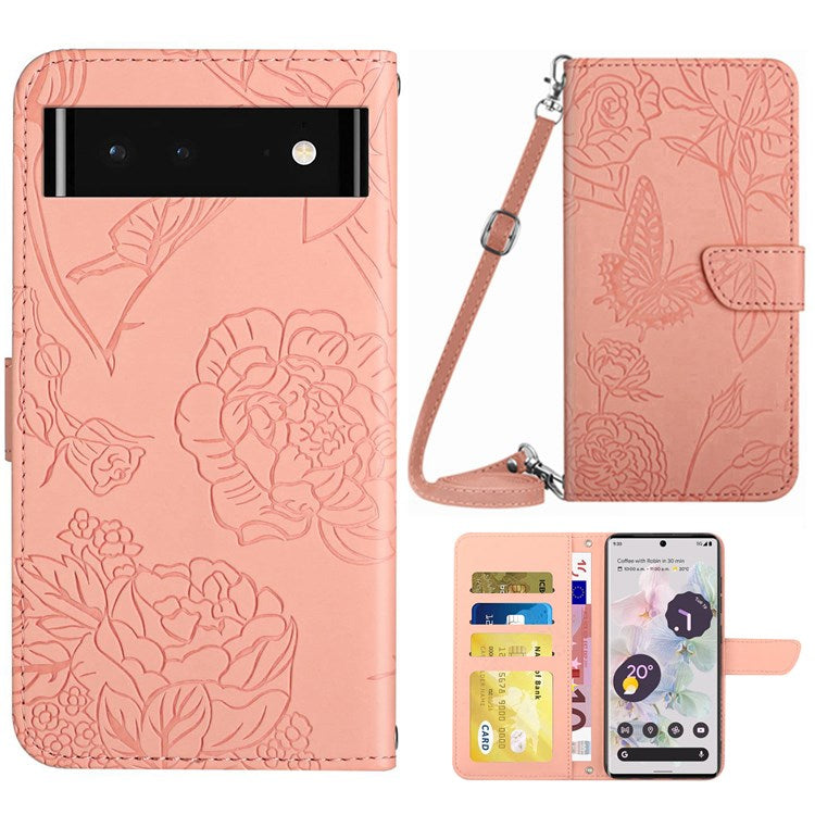 For Google Pixel 6 Skin-touch Feeling Leather Cell Phone Bag Case, Stand Butterfly Flowers Imprinting Pattern Wallet with Shoulder Strap - Pink