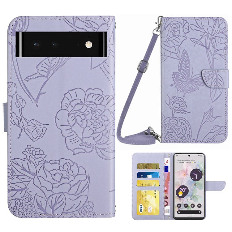 For Google Pixel 6 Skin-touch Feeling Leather Cell Phone Bag Case, Stand Butterfly Flowers Imprinting Pattern Wallet with Shoulder Strap - Light Purple