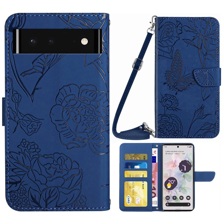 For Google Pixel 6 Skin-touch Feeling Leather Cell Phone Bag Case, Stand Butterfly Flowers Imprinting Pattern Wallet with Shoulder Strap - Blue