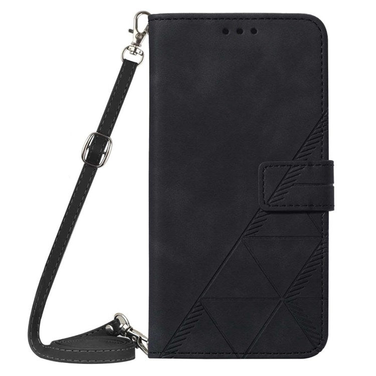 YB Imprinting Series-2 for Google Pixel 7 Stand Wallet Case PU Leather Imprinting Lines Cover with Shoulder Strap - Black