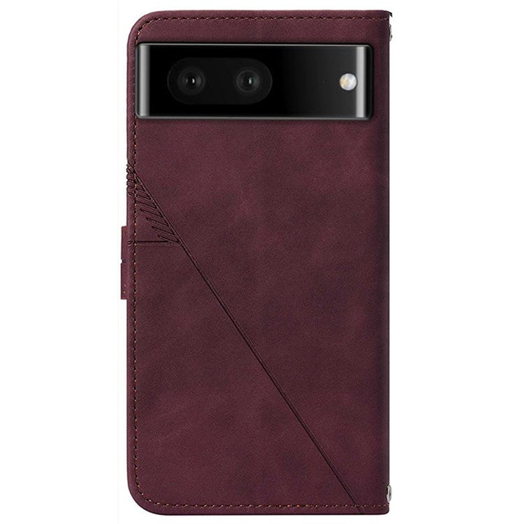 YB Imprinting Series-2 for Google Pixel 7 Stand Wallet Case PU Leather Imprinting Lines Cover with Shoulder Strap - Wine Red