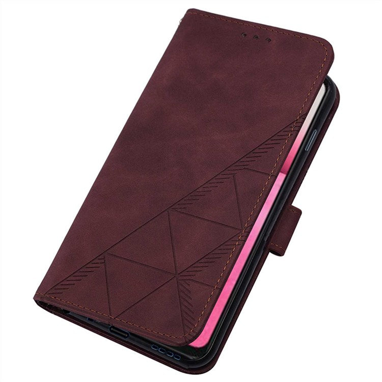 YB Imprinting Series-2 for Google Pixel 7 Stand Wallet Case PU Leather Imprinting Lines Cover with Shoulder Strap - Wine Red