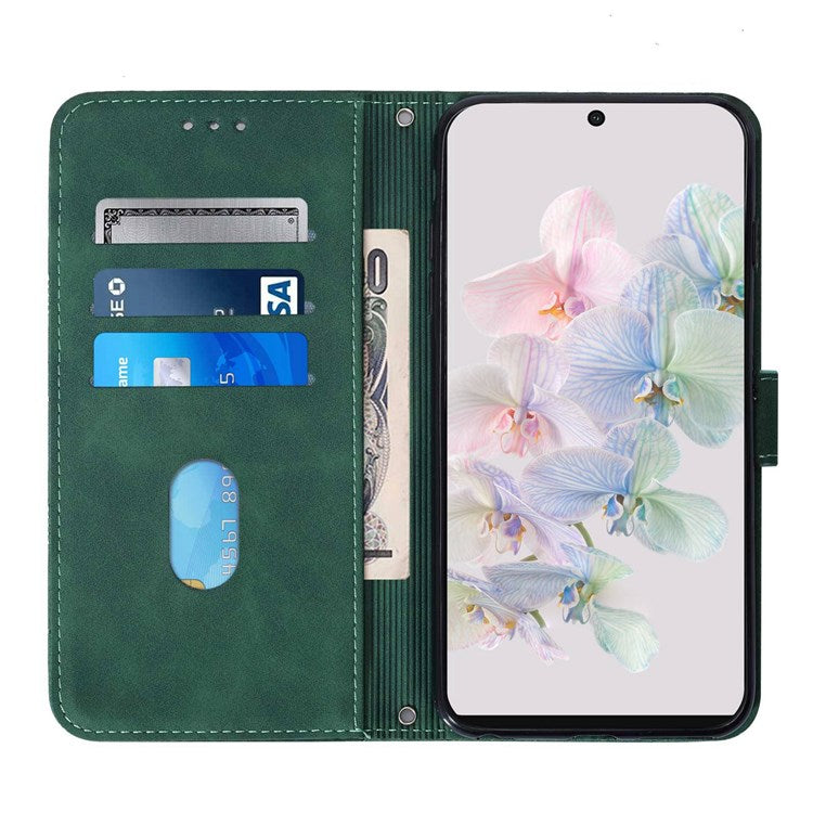 YB Imprinting Series-2 for Google Pixel 7 Stand Wallet Case PU Leather Imprinting Lines Cover with Shoulder Strap - Blackish Green