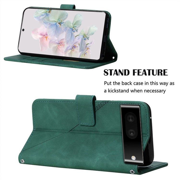 YB Imprinting Series-2 for Google Pixel 7 Stand Wallet Case PU Leather Imprinting Lines Cover with Shoulder Strap - Blackish Green