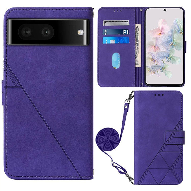 YB Imprinting Series-2 for Google Pixel 7 Stand Wallet Case PU Leather Imprinting Lines Cover with Shoulder Strap - Purple