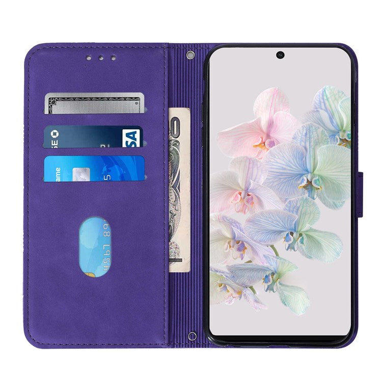 YB Imprinting Series-2 for Google Pixel 7 Stand Wallet Case PU Leather Imprinting Lines Cover with Shoulder Strap - Purple