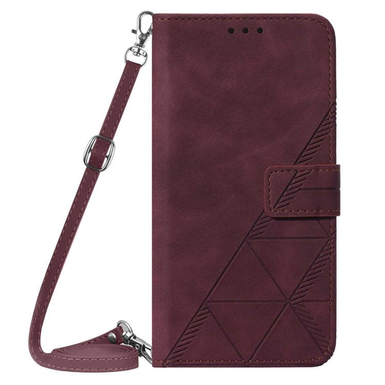 YB Imprinting Series-2 for Google Pixel 6a Imprinting Lines PU Leather Cover Stand Wallet Inner TPU Shell with Shoulder Strap - Wine Red