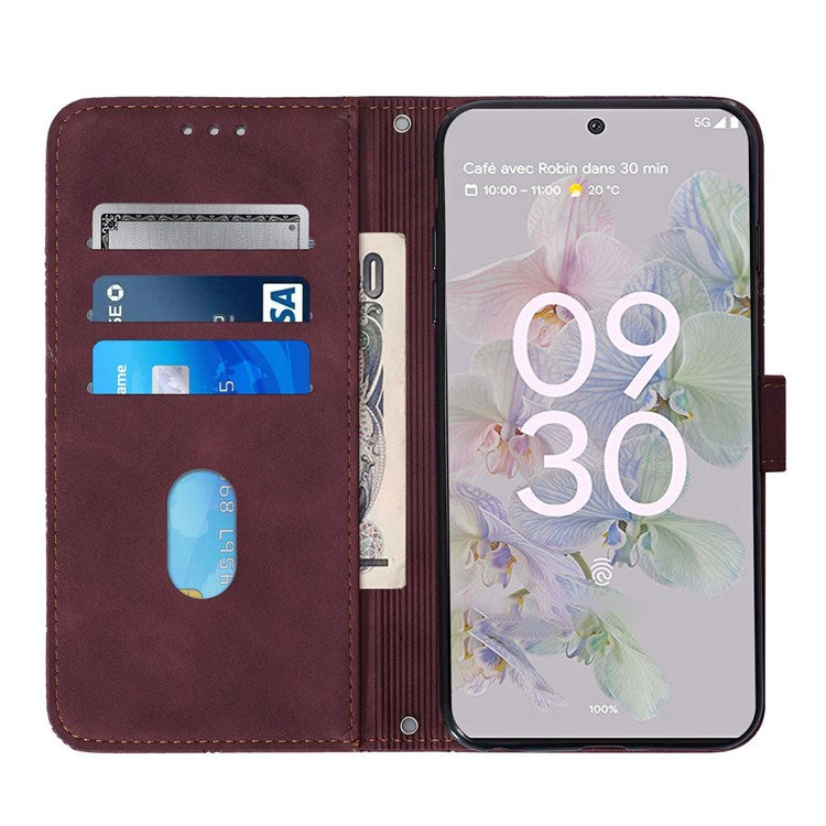 YB Imprinting Series-2 for Google Pixel 6a Imprinting Lines PU Leather Cover Stand Wallet Inner TPU Shell with Shoulder Strap - Wine Red