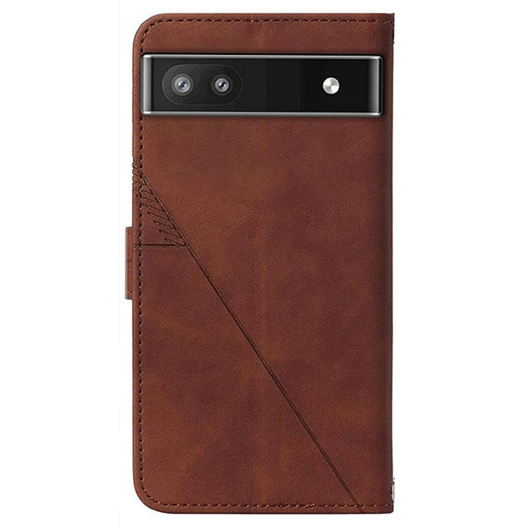 YB Imprinting Series-2 for Google Pixel 6a Imprinting Lines PU Leather Cover Stand Wallet Inner TPU Shell with Shoulder Strap - Brown