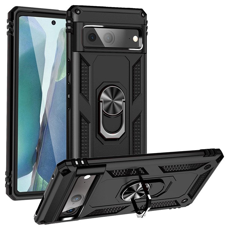 For Google Pixel 7 Military Grade Shockproof Anti-scratch Ring Kickstand PC + TPU Hybrid Phone Case Protector - Black