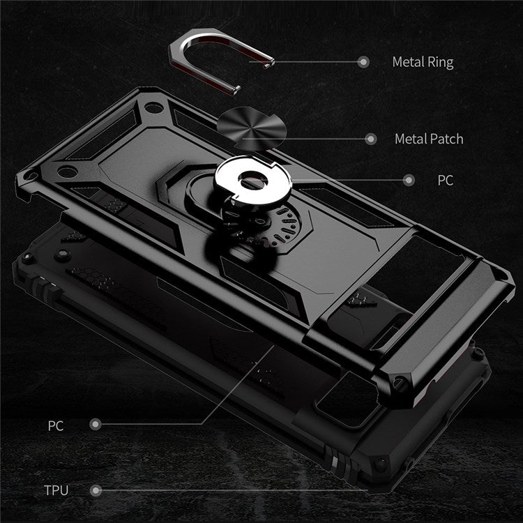 For Google Pixel 7 Military Grade Shockproof Anti-scratch Ring Kickstand PC + TPU Hybrid Phone Case Protector - Black