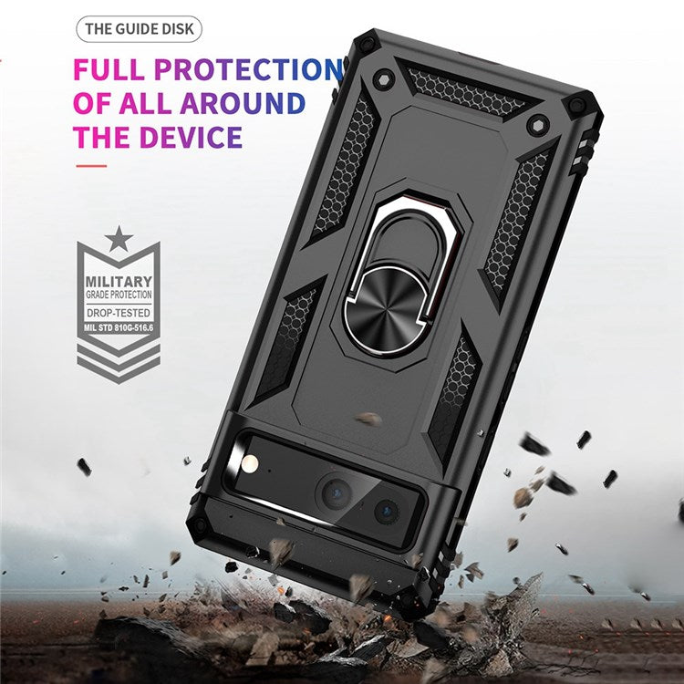 For Google Pixel 7 Military Grade Shockproof Anti-scratch Ring Kickstand PC + TPU Hybrid Phone Case Protector - Black