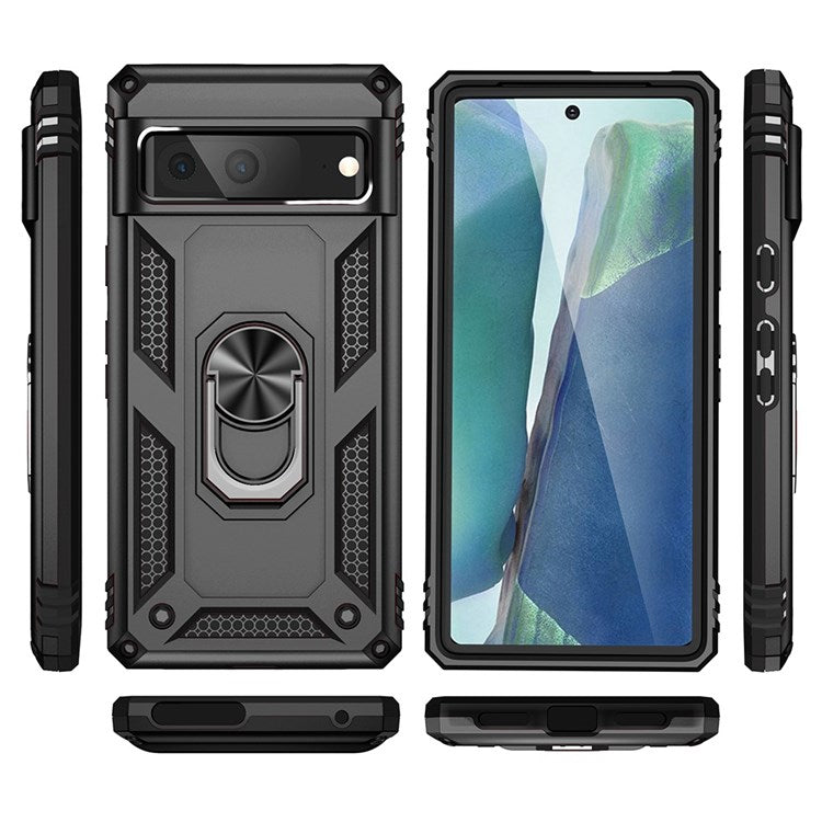 For Google Pixel 7 Military Grade Shockproof Anti-scratch Ring Kickstand PC + TPU Hybrid Phone Case Protector - Black