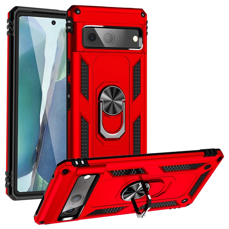 For Google Pixel 7 Military Grade Shockproof Anti-scratch Ring Kickstand PC + TPU Hybrid Phone Case Protector - Red