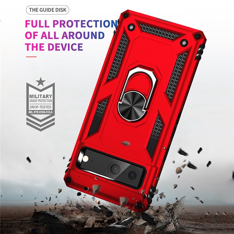 For Google Pixel 7 Military Grade Shockproof Anti-scratch Ring Kickstand PC + TPU Hybrid Phone Case Protector - Red