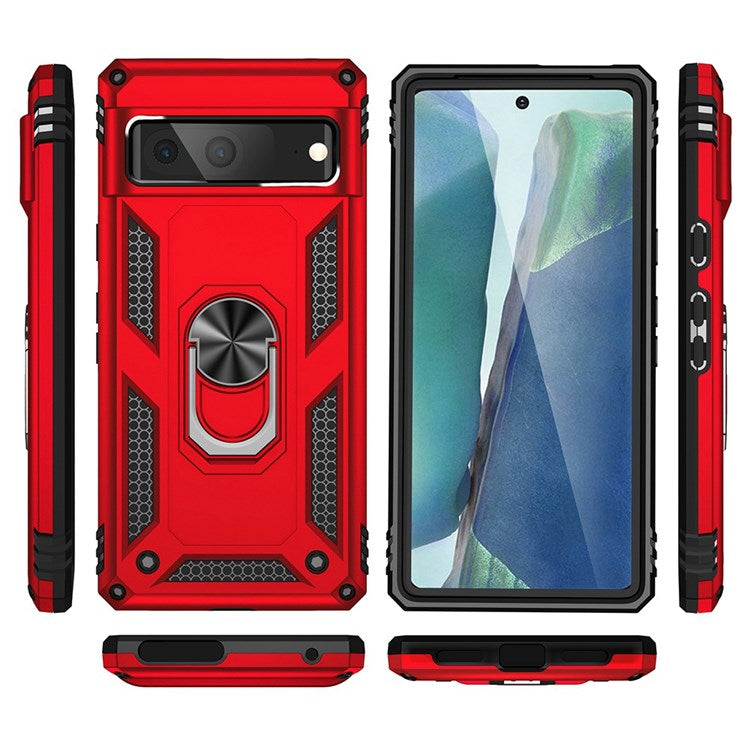 For Google Pixel 7 Military Grade Shockproof Anti-scratch Ring Kickstand PC + TPU Hybrid Phone Case Protector - Red