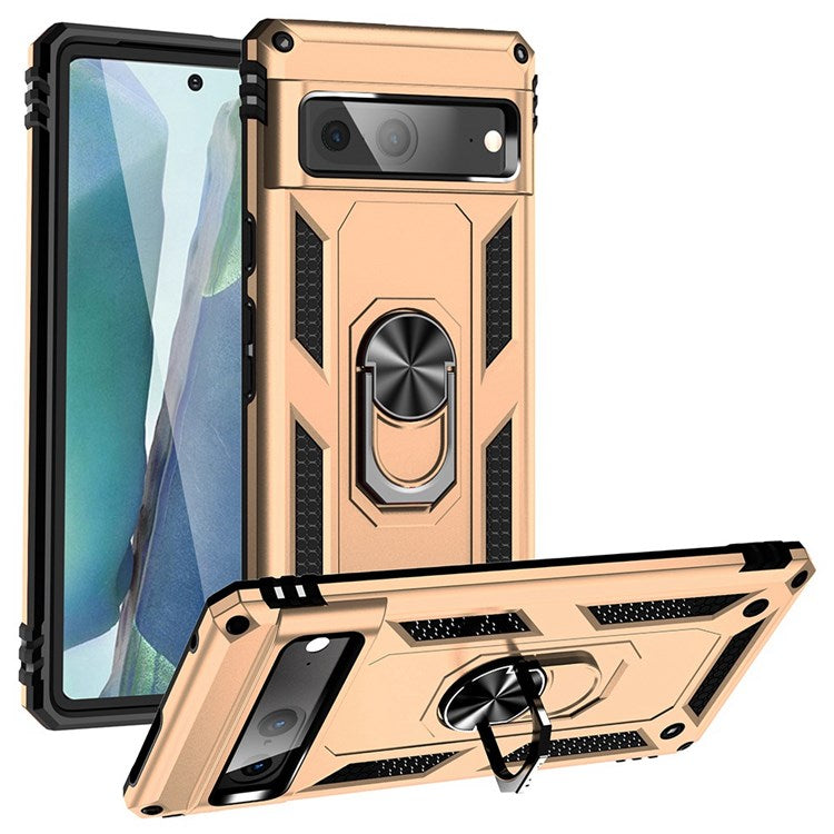 For Google Pixel 7 Military Grade Shockproof Anti-scratch Ring Kickstand PC + TPU Hybrid Phone Case Protector - Gold