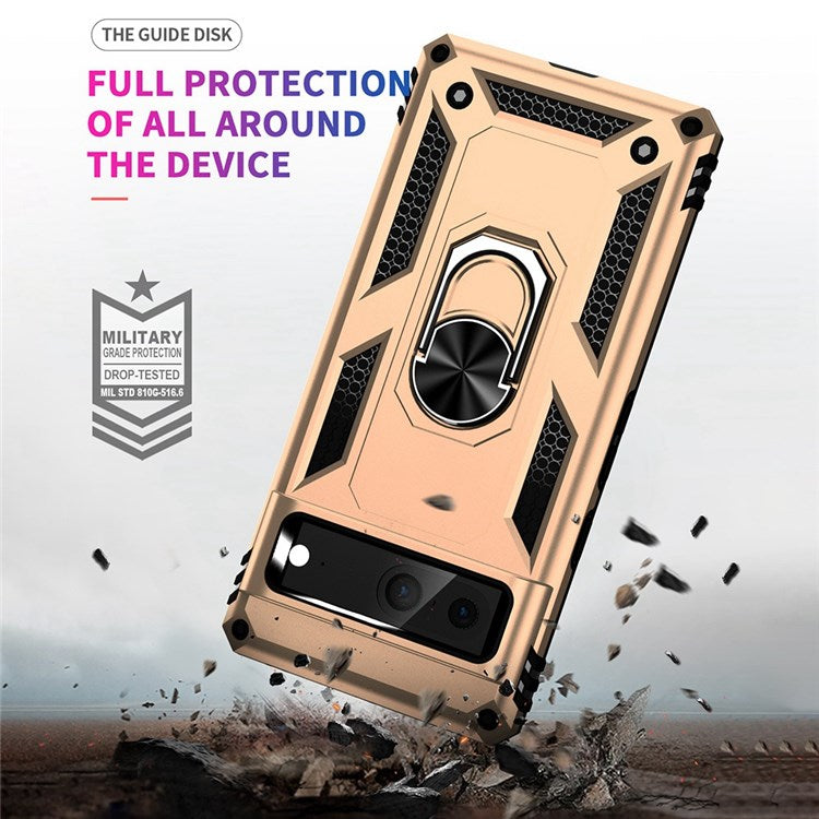 For Google Pixel 7 Military Grade Shockproof Anti-scratch Ring Kickstand PC + TPU Hybrid Phone Case Protector - Gold