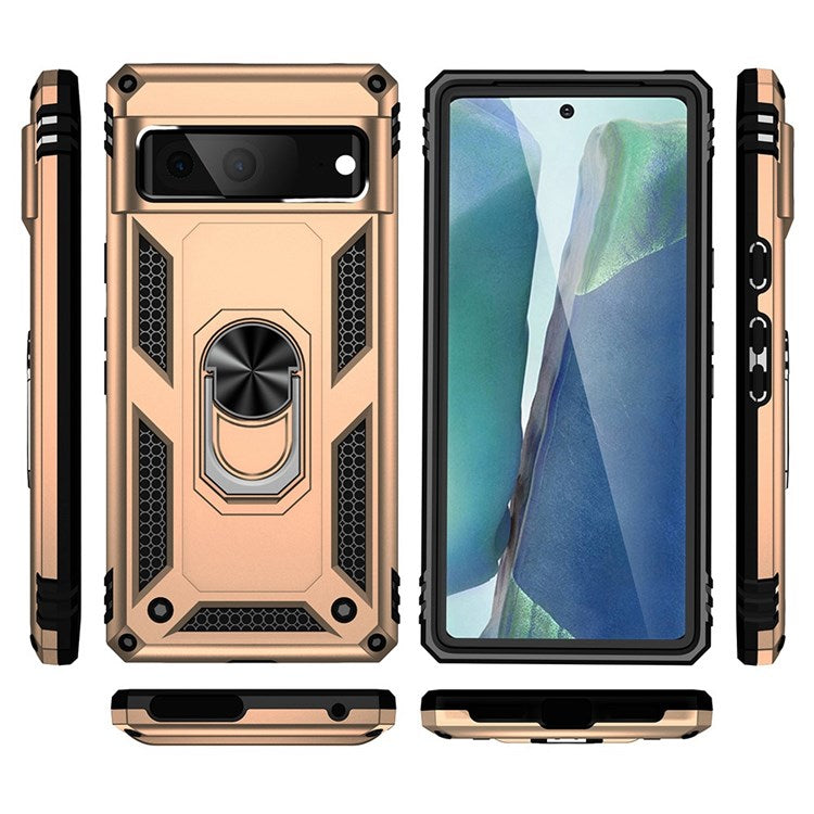 For Google Pixel 7 Military Grade Shockproof Anti-scratch Ring Kickstand PC + TPU Hybrid Phone Case Protector - Gold