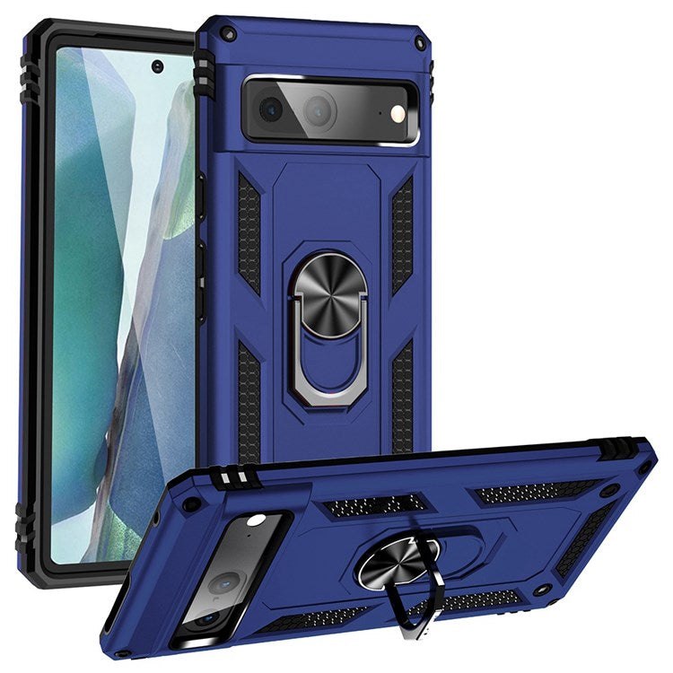 For Google Pixel 7 Military Grade Shockproof Anti-scratch Ring Kickstand PC + TPU Hybrid Phone Case Protector - Blue