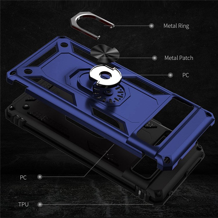 For Google Pixel 7 Military Grade Shockproof Anti-scratch Ring Kickstand PC + TPU Hybrid Phone Case Protector - Blue