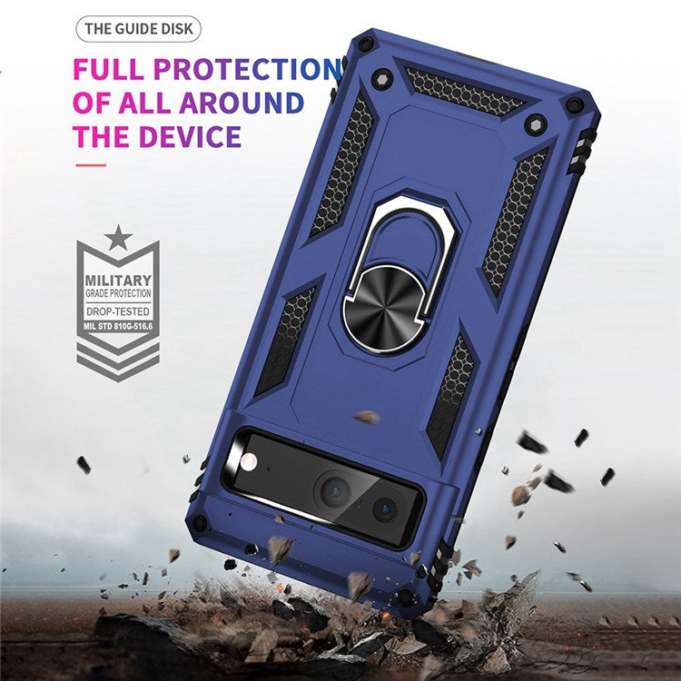 For Google Pixel 7 Military Grade Shockproof Anti-scratch Ring Kickstand PC + TPU Hybrid Phone Case Protector - Blue