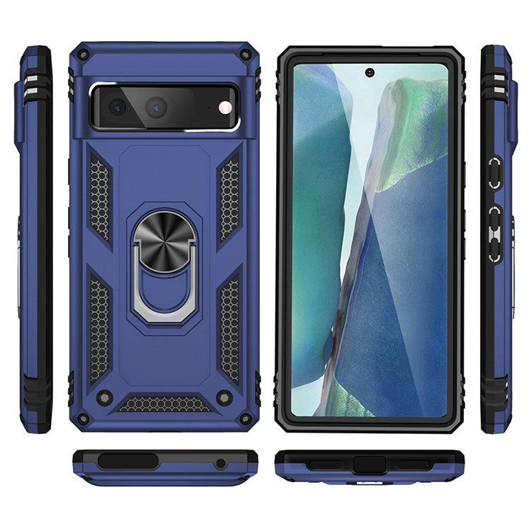 For Google Pixel 7 Military Grade Shockproof Anti-scratch Ring Kickstand PC + TPU Hybrid Phone Case Protector - Blue