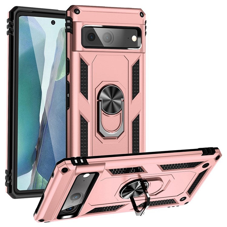 For Google Pixel 7 Military Grade Shockproof Anti-scratch Ring Kickstand PC + TPU Hybrid Phone Case Protector - Rose Gold