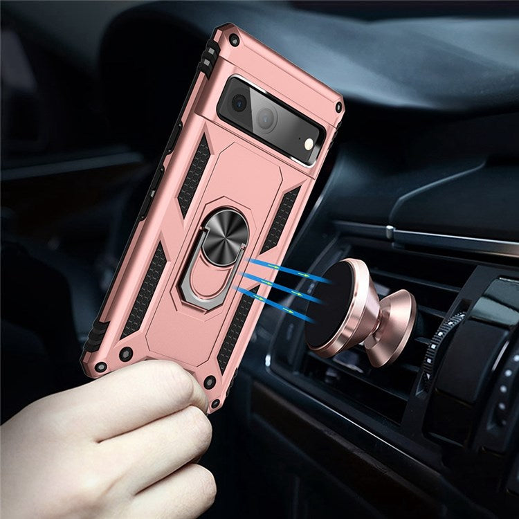 For Google Pixel 7 Military Grade Shockproof Anti-scratch Ring Kickstand PC + TPU Hybrid Phone Case Protector - Rose Gold