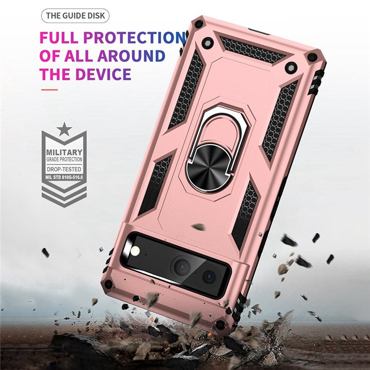 For Google Pixel 7 Military Grade Shockproof Anti-scratch Ring Kickstand PC + TPU Hybrid Phone Case Protector - Rose Gold